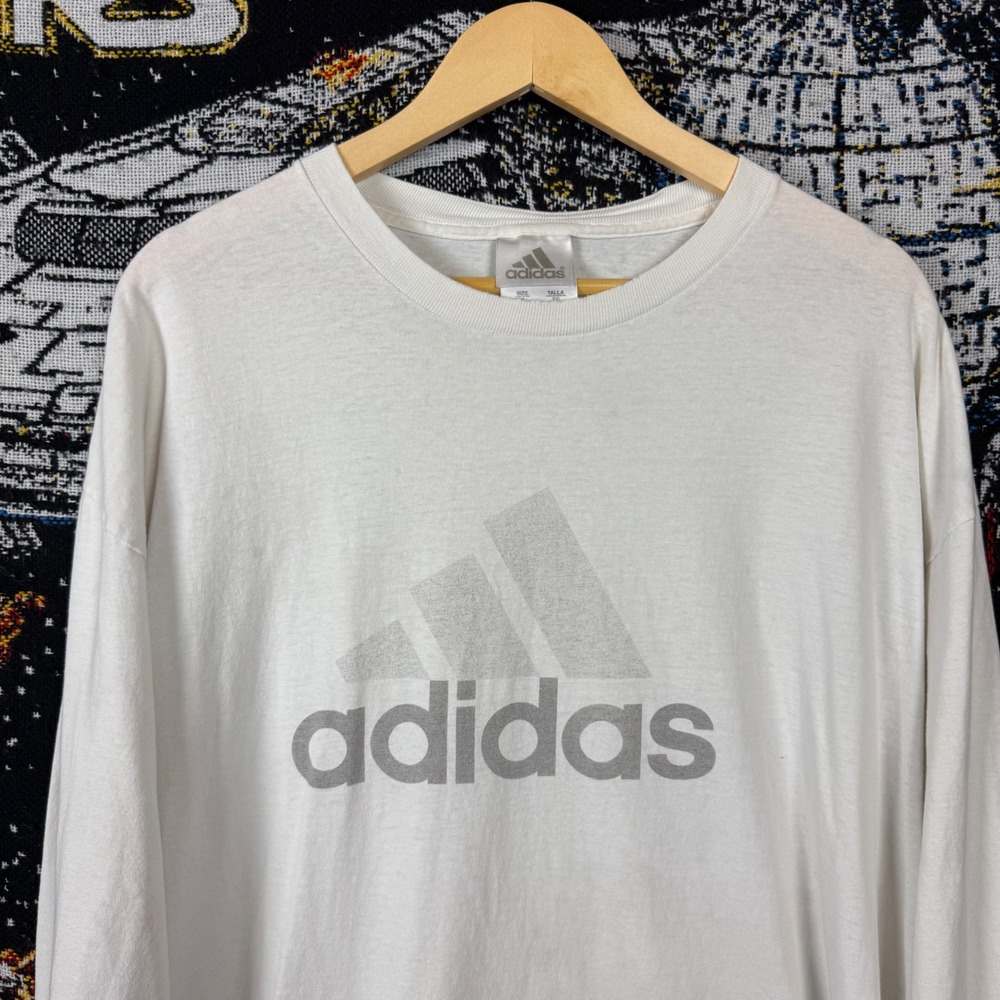 Vintage Adidas Long Sleeve T-Shirt White Silver Logo Mens XL Sportswear Tee